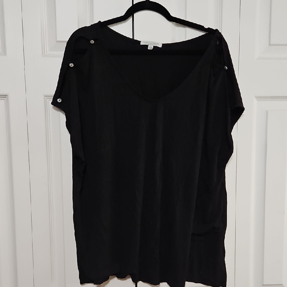 $8 SALE! Green Envelope Black Women's Blouse with Button Accents